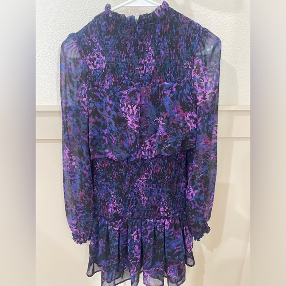 Aqua Purple Pattern Smocked Mini Dress Long Sleeves High Neck Size Small - Picture 9 of 13